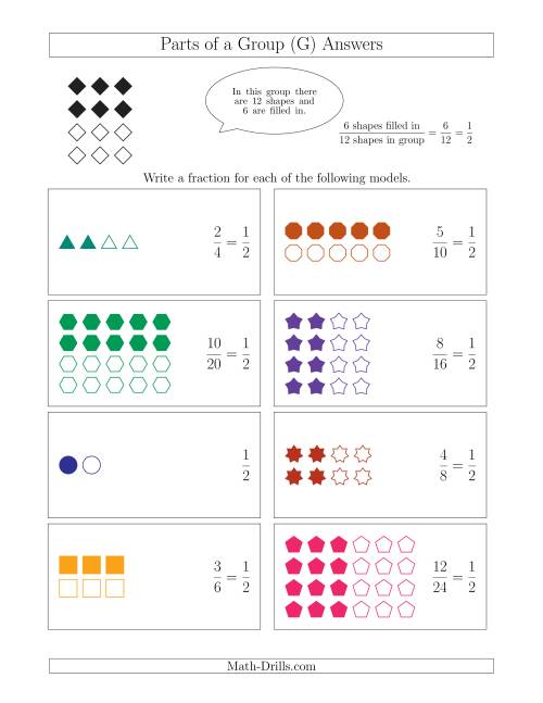The Parts of a Group Fraction Models with Halves Only (G) Math Worksheet Page 2