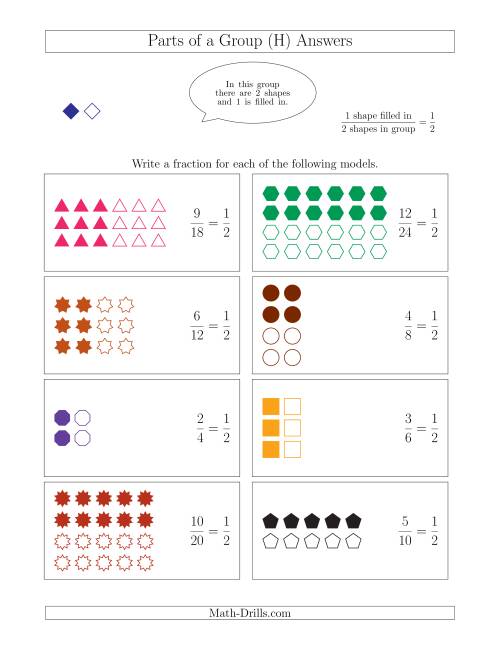 The Parts of a Group Fraction Models with Halves Only (H) Math Worksheet Page 2