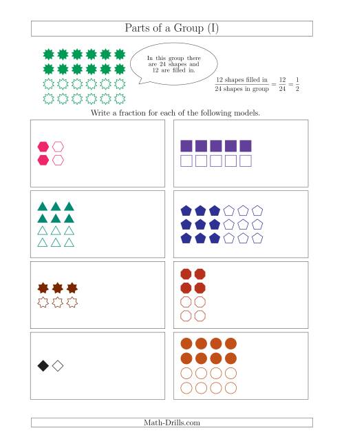 The Parts of a Group Fraction Models with Halves Only (I) Math Worksheet