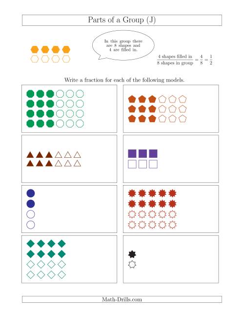 The Parts of a Group Fraction Models with Halves Only (J) Math Worksheet