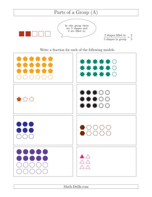 The Parts of a Group Fraction Models Up to Sixths (A) Math Worksheet