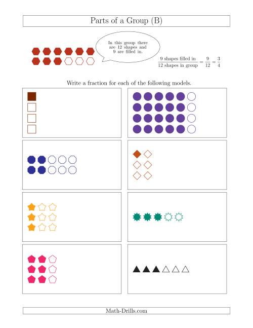 The Parts of a Group Fraction Models Up to Sixths (B) Math Worksheet