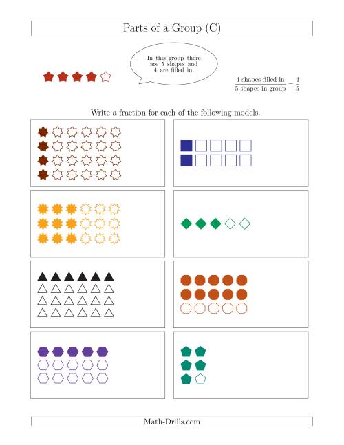 The Parts of a Group Fraction Models Up to Sixths (C) Math Worksheet