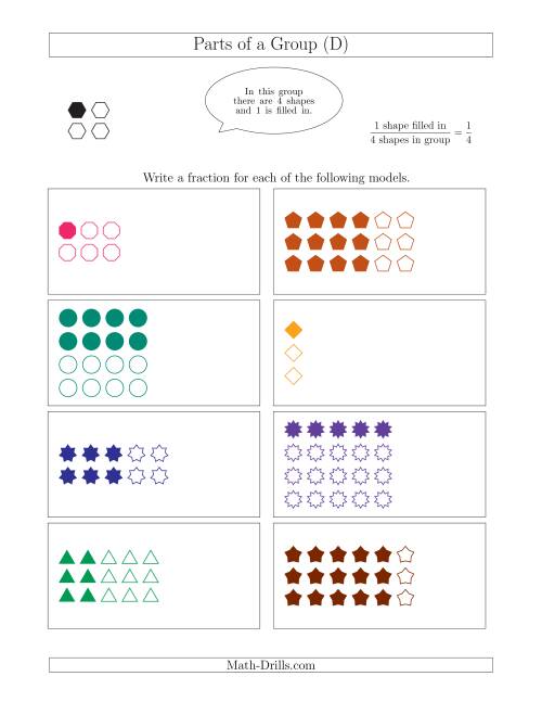 The Parts of a Group Fraction Models Up to Sixths (D) Math Worksheet