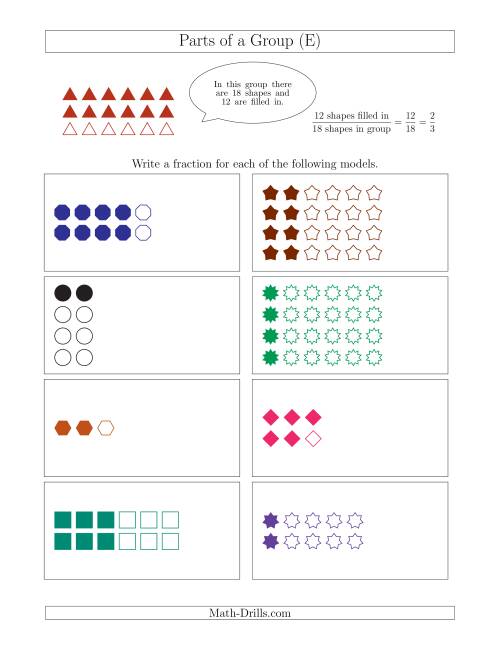 The Parts of a Group Fraction Models Up to Sixths (E) Math Worksheet
