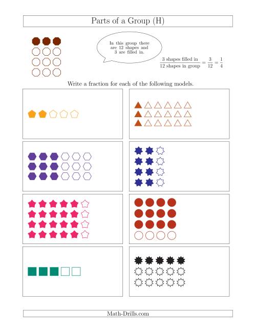 The Parts of a Group Fraction Models Up to Sixths (H) Math Worksheet