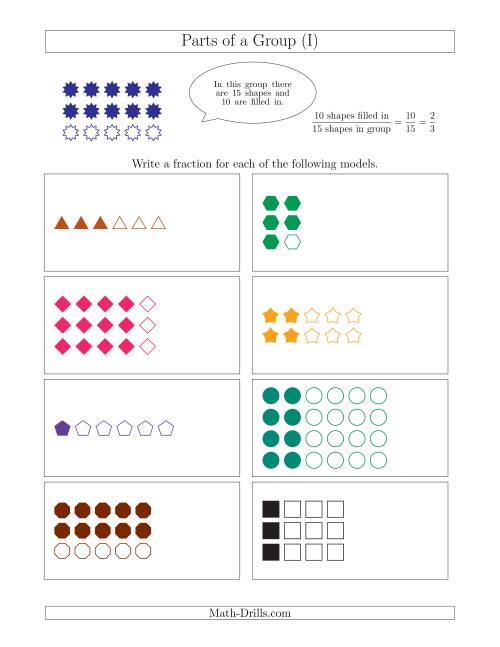 The Parts of a Group Fraction Models Up to Sixths (I) Math Worksheet