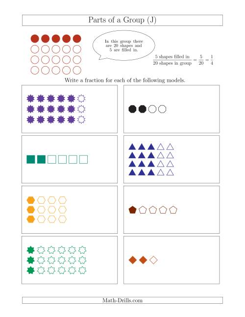 The Parts of a Group Fraction Models Up to Sixths (J) Math Worksheet