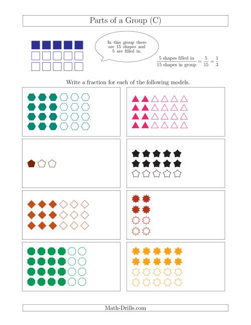 The Parts of a Group Fraction Models with Halves and Thirds (C) Math Worksheet