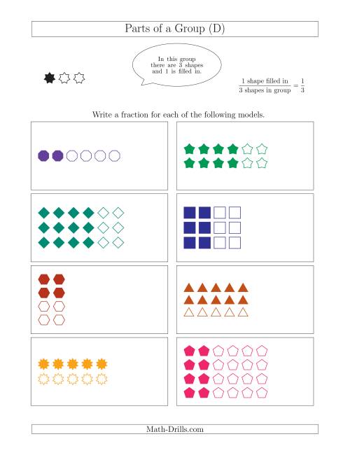The Parts of a Group Fraction Models with Halves and Thirds (D) Math Worksheet