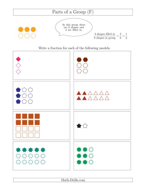 The Parts of a Group Fraction Models with Halves and Thirds (F) Math Worksheet