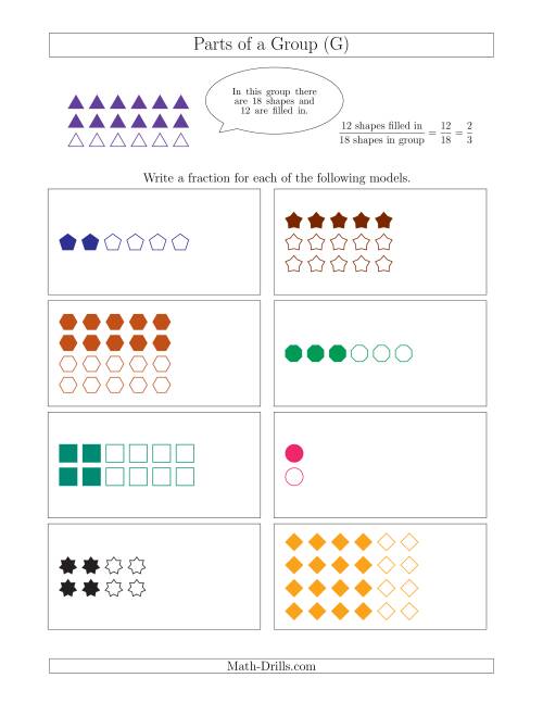 The Parts of a Group Fraction Models with Halves and Thirds (G) Math Worksheet
