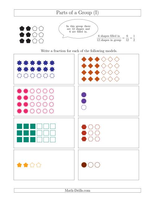 The Parts of a Group Fraction Models with Halves and Thirds (I) Math Worksheet