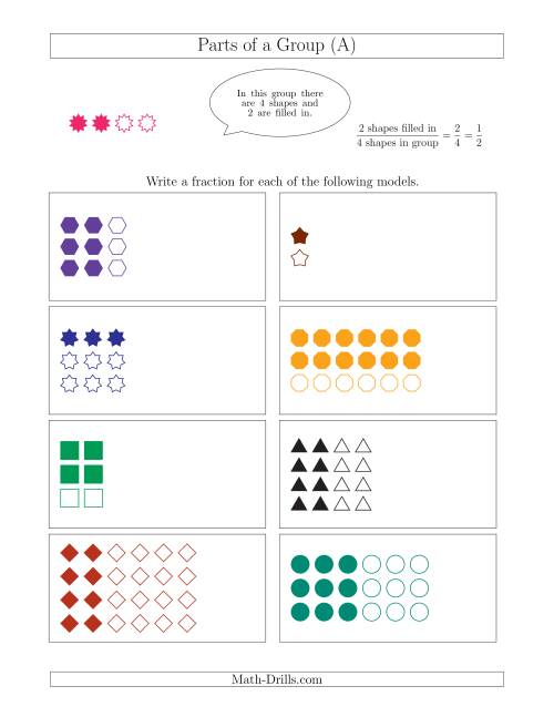 The Parts of a Group Fraction Models with Halves and Thirds (All) Math Worksheet