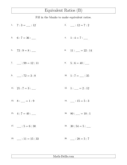 The Equivalent Ratios with Blanks (B) Math Worksheet