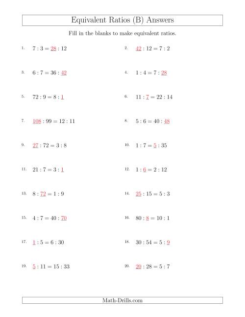 The Equivalent Ratios with Blanks (B) Math Worksheet Page 2