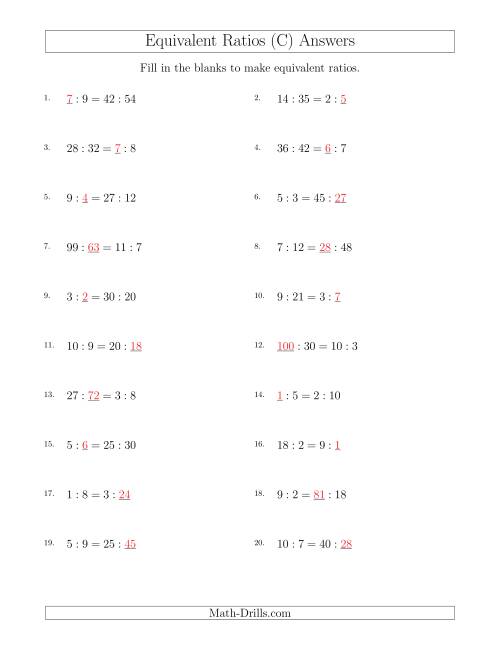 The Equivalent Ratios with Blanks (C) Math Worksheet Page 2