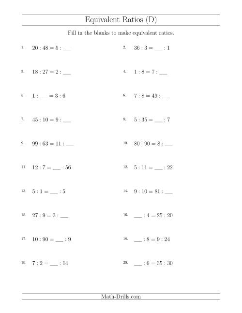 The Equivalent Ratios with Blanks (D) Math Worksheet