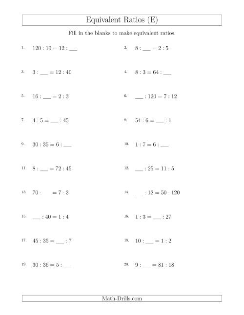 The Equivalent Ratios with Blanks (E) Math Worksheet