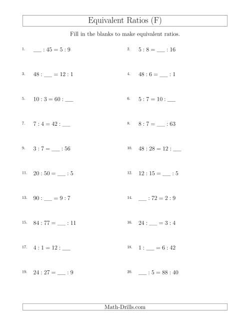 The Equivalent Ratios with Blanks (F) Math Worksheet
