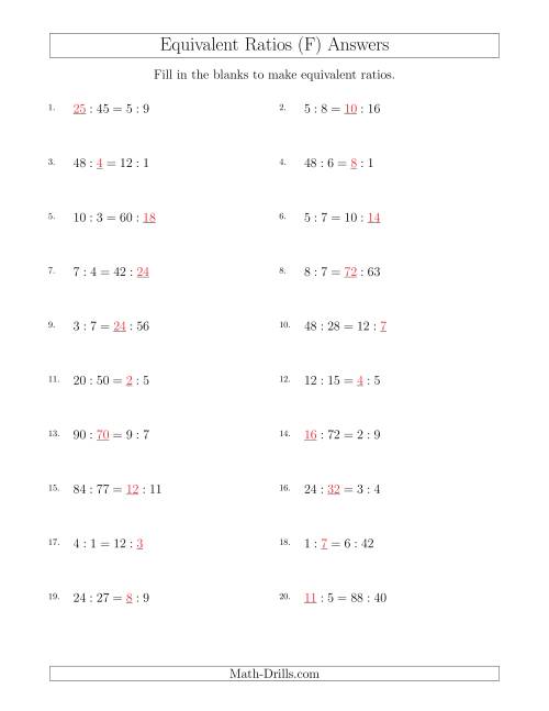 The Equivalent Ratios with Blanks (F) Math Worksheet Page 2