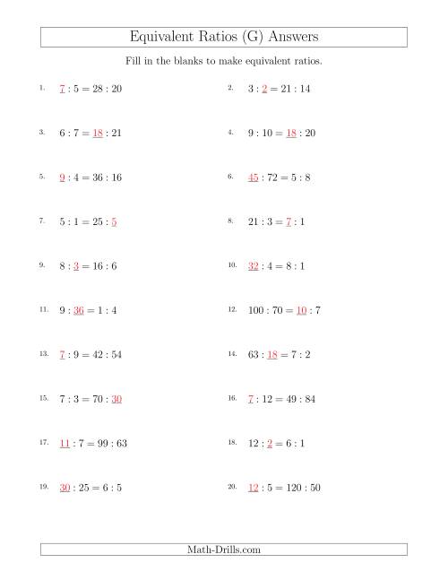 The Equivalent Ratios with Blanks (G) Math Worksheet Page 2