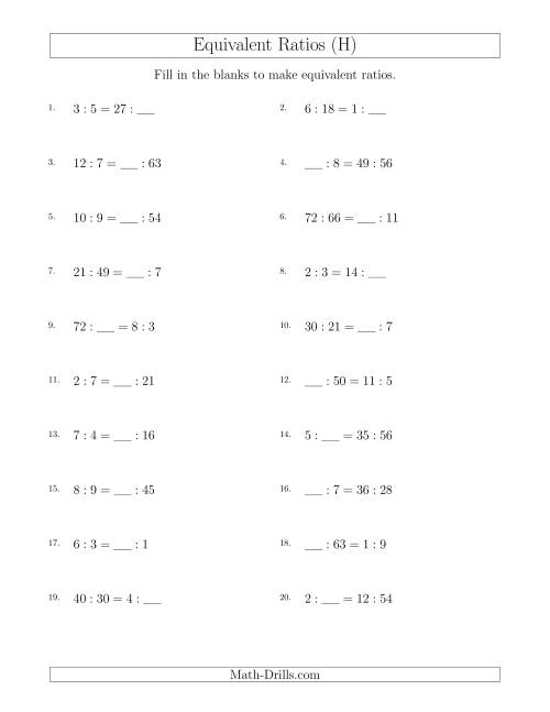 The Equivalent Ratios with Blanks (H) Math Worksheet