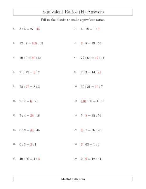 The Equivalent Ratios with Blanks (H) Math Worksheet Page 2