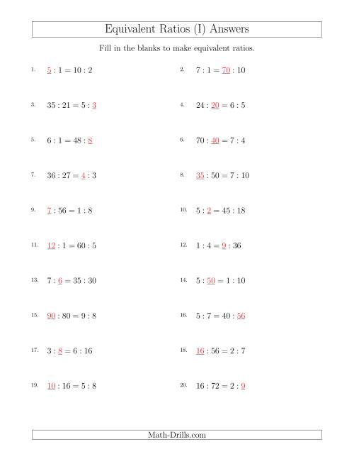 The Equivalent Ratios with Blanks (I) Math Worksheet Page 2
