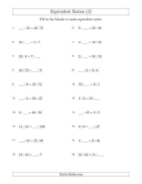 The Equivalent Ratios with Blanks (J) Math Worksheet