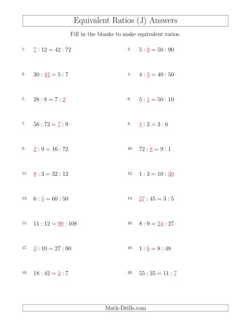 The Equivalent Ratios with Blanks (J) Math Worksheet Page 2