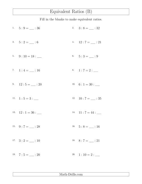 The Equivalent Ratios with Blanks (only on right) (B) Math Worksheet