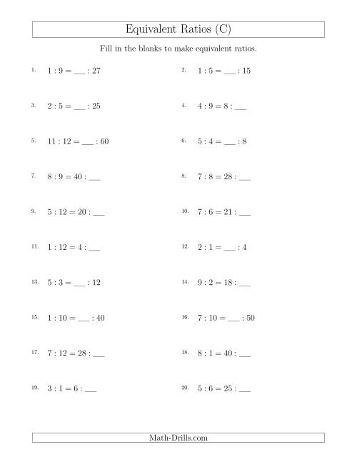 The Equivalent Ratios with Blanks (only on right) (C) Math Worksheet