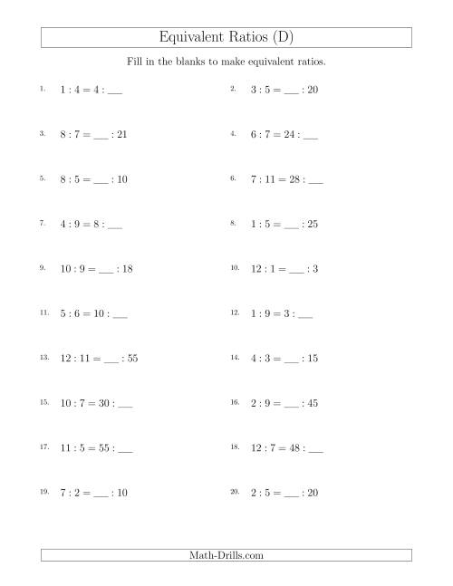 The Equivalent Ratios with Blanks (only on right) (D) Math Worksheet