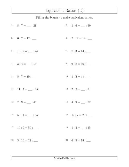 The Equivalent Ratios with Blanks (only on right) (E) Math Worksheet