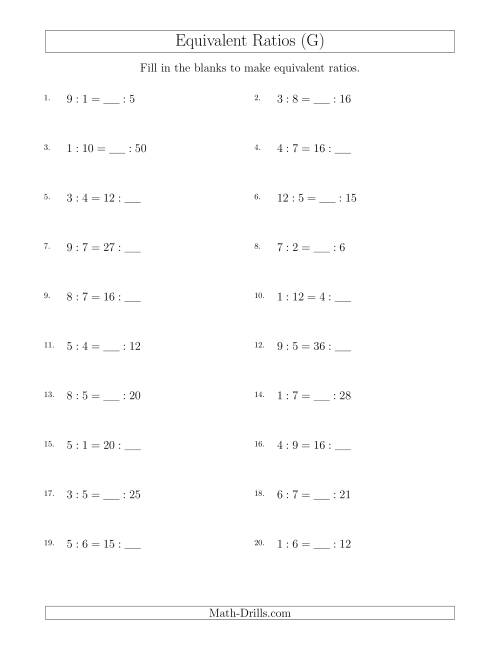 The Equivalent Ratios with Blanks (only on right) (G) Math Worksheet