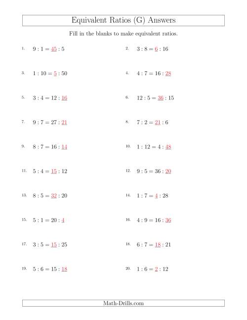 The Equivalent Ratios with Blanks (only on right) (G) Math Worksheet Page 2