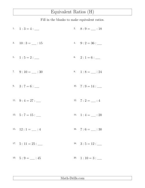The Equivalent Ratios with Blanks (only on right) (H) Math Worksheet