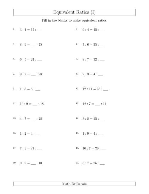 The Equivalent Ratios with Blanks (only on right) (I) Math Worksheet