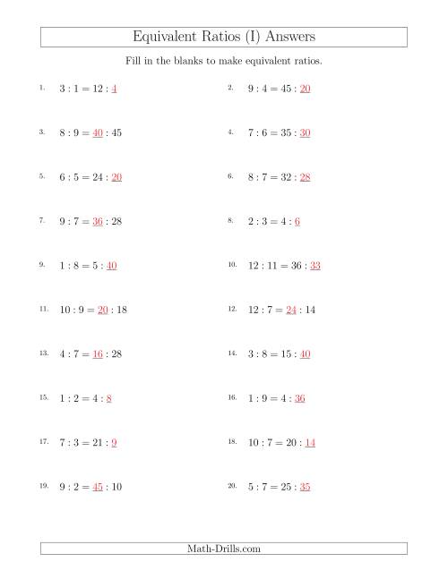 The Equivalent Ratios with Blanks (only on right) (I) Math Worksheet Page 2