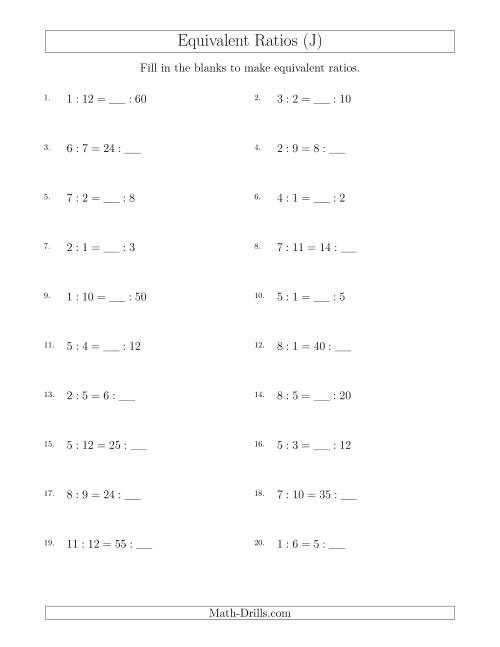 The Equivalent Ratios with Blanks (only on right) (J) Math Worksheet