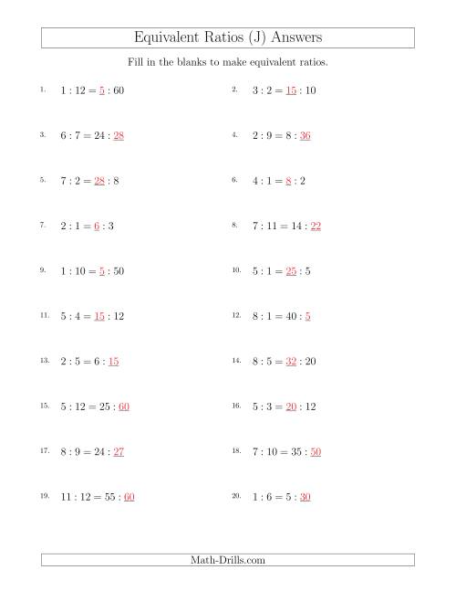 The Equivalent Ratios with Blanks (only on right) (J) Math Worksheet Page 2