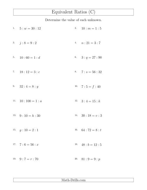 The Equivalent Ratios with Variables (C) Math Worksheet