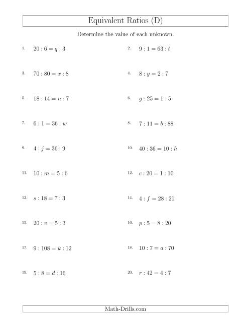 The Equivalent Ratios with Variables (D) Math Worksheet