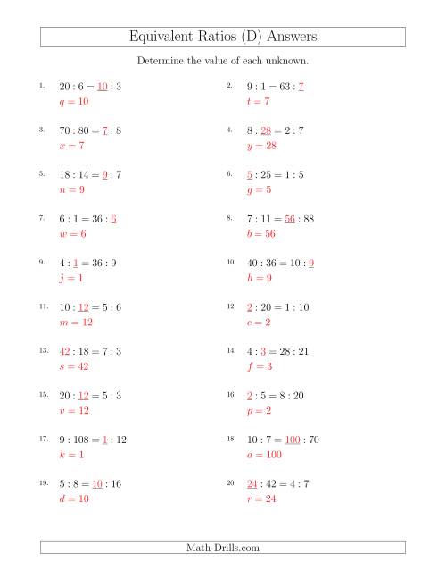 The Equivalent Ratios with Variables (D) Math Worksheet Page 2
