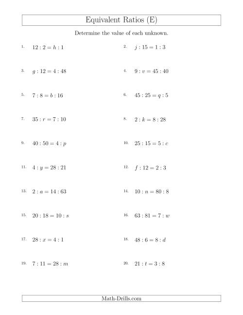 The Equivalent Ratios with Variables (E) Math Worksheet