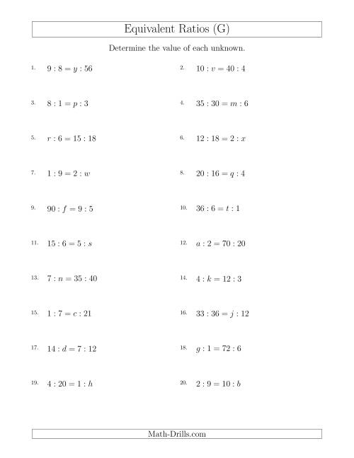 The Equivalent Ratios with Variables (G) Math Worksheet