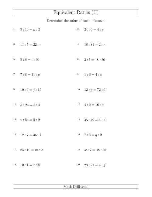 The Equivalent Ratios with Variables (H) Math Worksheet