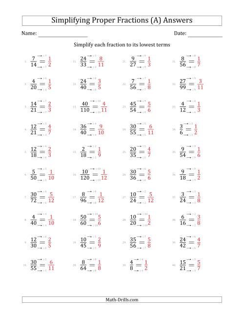 The Simplifying Proper Fractions to Lowest Terms (Easier Questions) (A) Math Worksheet Page 2