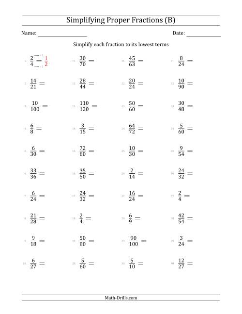 The Simplifying Proper Fractions to Lowest Terms (Easier Questions) (B) Math Worksheet